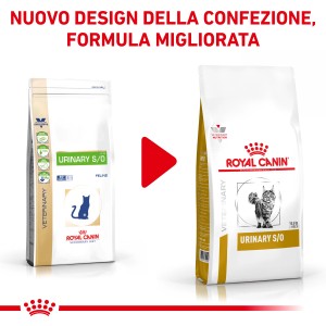 Confronto: Royal Canin Urinary S/O cibo secco per gatti, confezione nuova e vecchia.