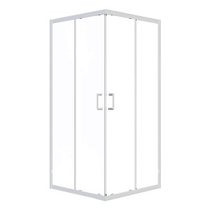 Box doccia angolare con ante in vetro trasparente e telaio argentato.