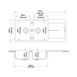 Disegno tecnico lavello: Dimensioni e viste del lavello in acciaio inox t.b.t.
