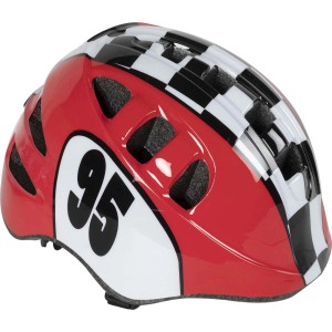Casco da bici t.b.t. rosso, bianco e nero con motivo a scacchiera e numero 95.