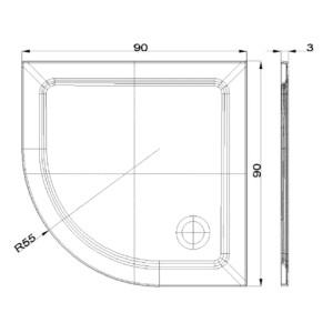 Disegno tecnico del piatto doccia t.b.t. con dimensioni 90x90x3 cm.