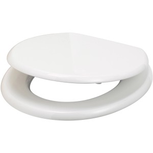 Sedile WC Vipos bianco con anima in legno e cerniere in plastica resistenti.