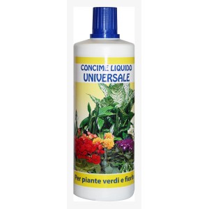 Flacone di concime liquido universale per piante verdi e fiorite.