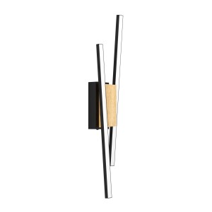 Applique LED moderna con elementi in legno e metallo per un'illuminazione elegante.