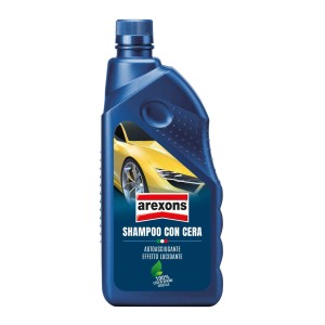 Shampoo auto Arexons con cera, flacone blu per la cura dell'auto.