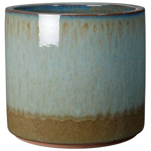 Vaso in terracotta blu con bordo marrone.
