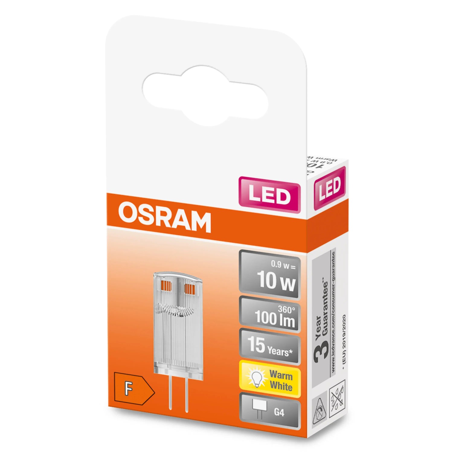 Lampadina LED G4 OSRAM, bianco caldo, 0.9W, nella confezione.