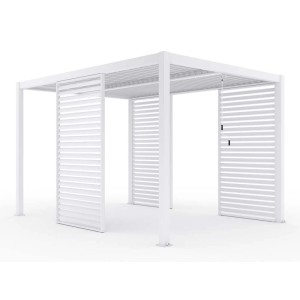 Gazebo bianco t.b.t. con pareti a lamelle per il giardino.