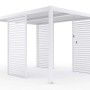 Gazebo bianco t.b.t. con pareti a lamelle per il giardino.