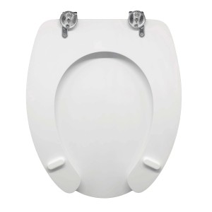 Sedile WC t.b.t. bianco con cerniere cromate, vista dall'alto.