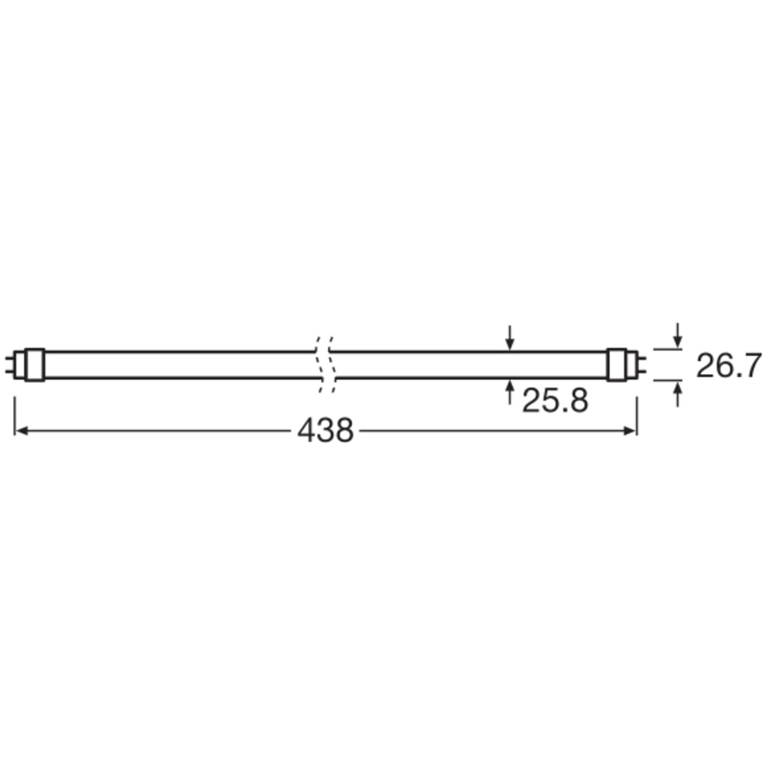 Illustrazione di una lampada fluorescente a LED Osram G13 con dimensioni.