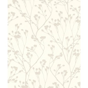 Carta da parati decorativa con delicato motivo floreale beige su sfondo chiaro.