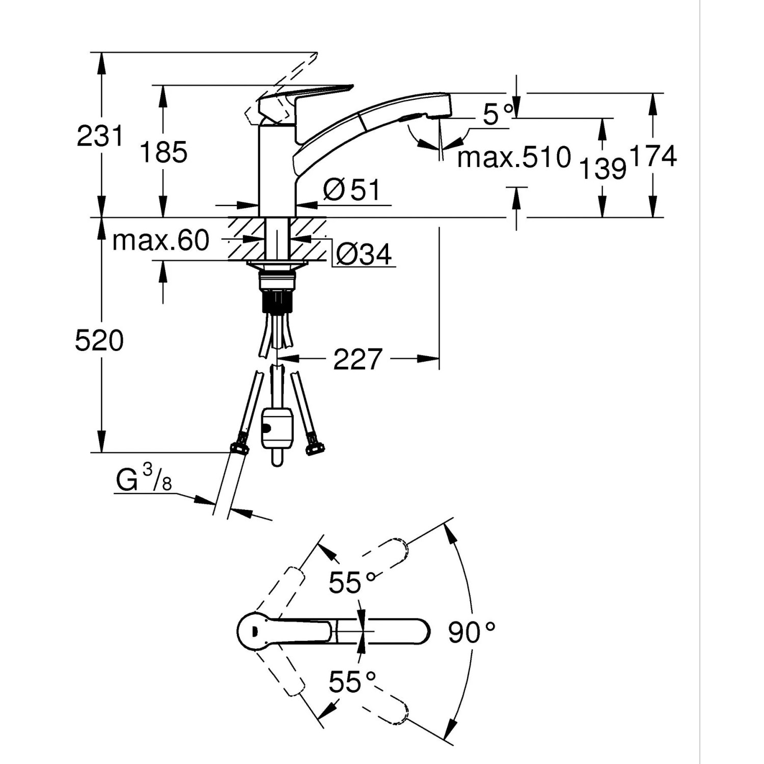 Disegno tecnico: Miscelatore cucina Grohe QuickFix Start cromo con doccetta estraibile, dimensioni e angoli.