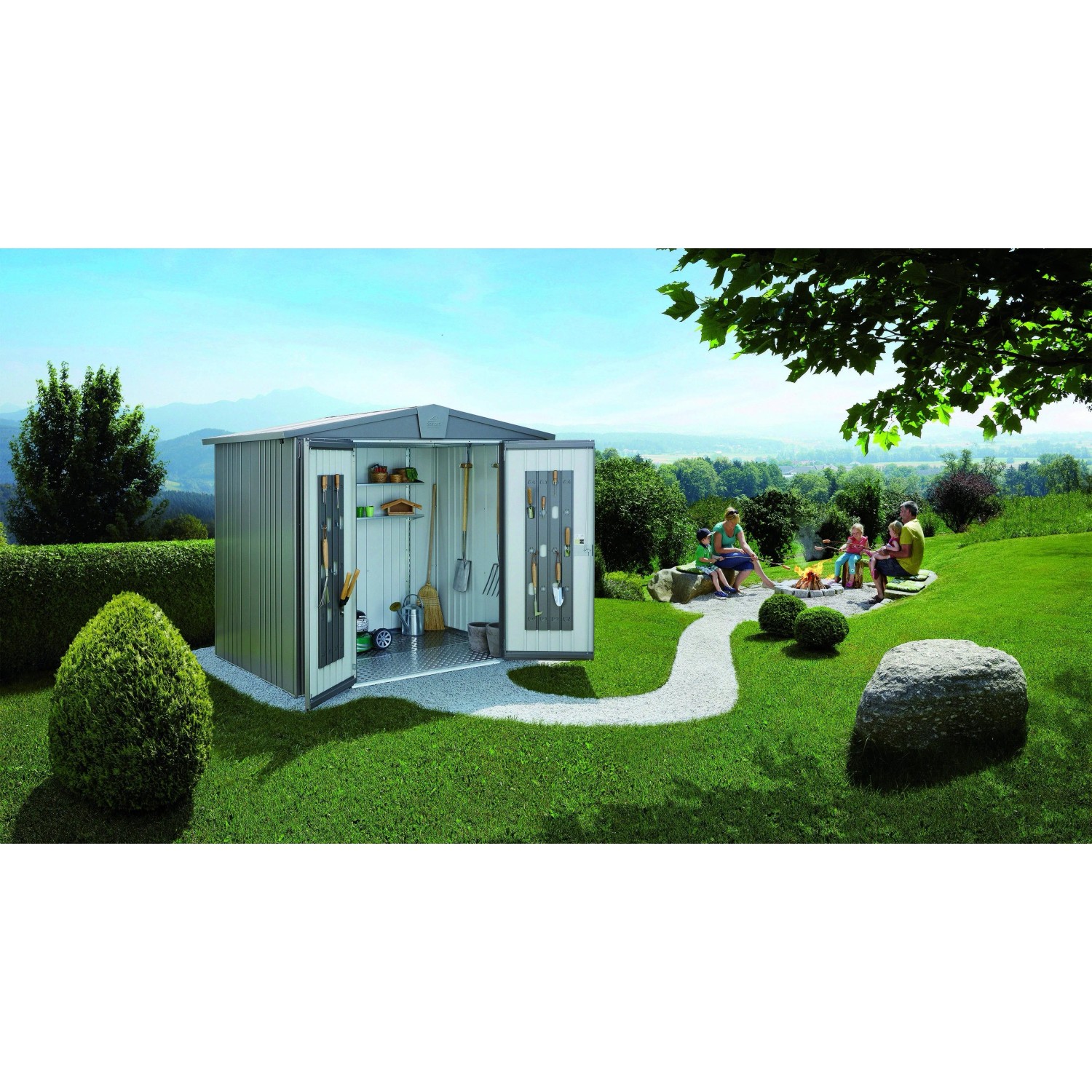 Casetta attrezzi metallo Biohort Europa grigio scuro metallizzato, porte aperte mostrano attrezzi in giardino.