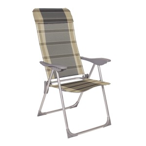 Sedia da campeggio pieghevole CMI con braccioli, a righe beige-marrone, telaio in alluminio.