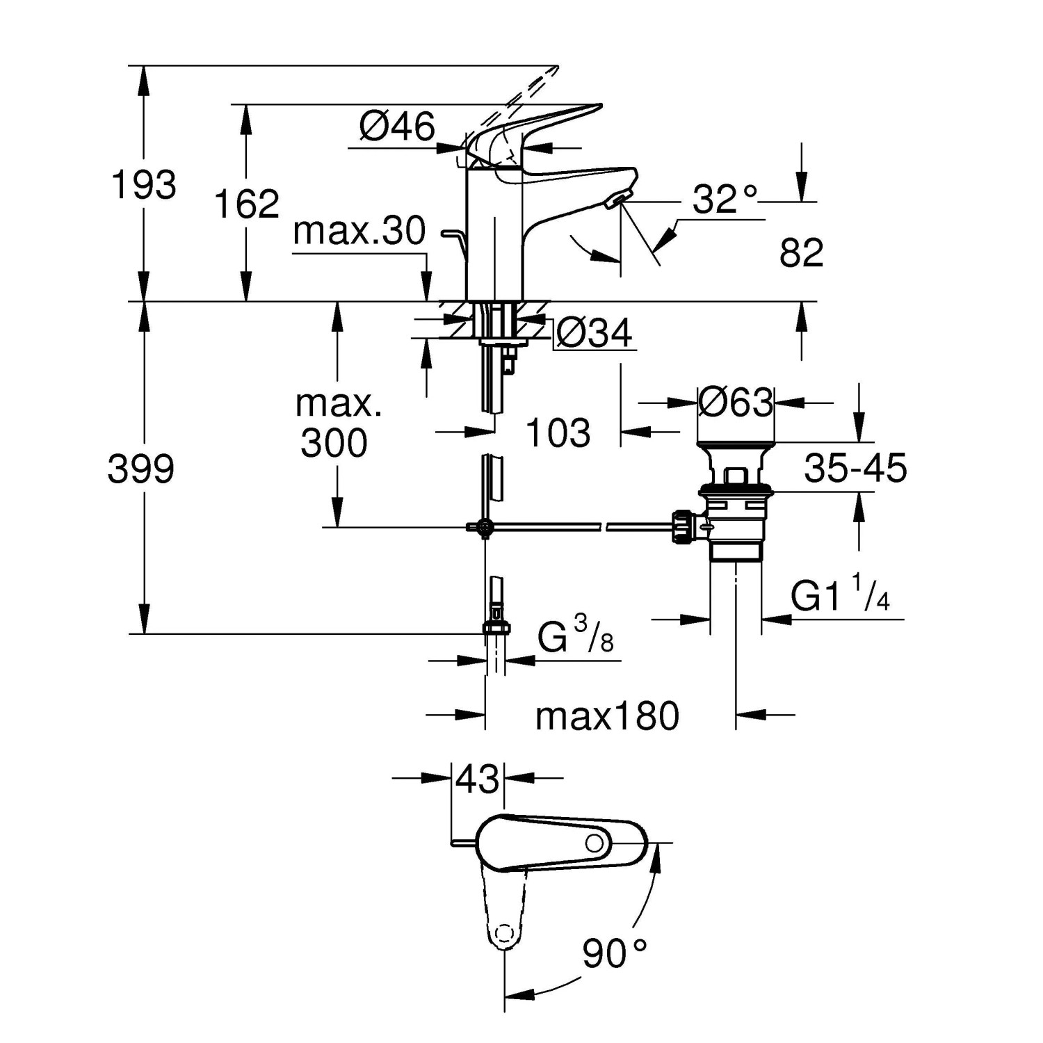 Disegno tecnico del miscelatore monocomando t.b.t. con dimensioni.