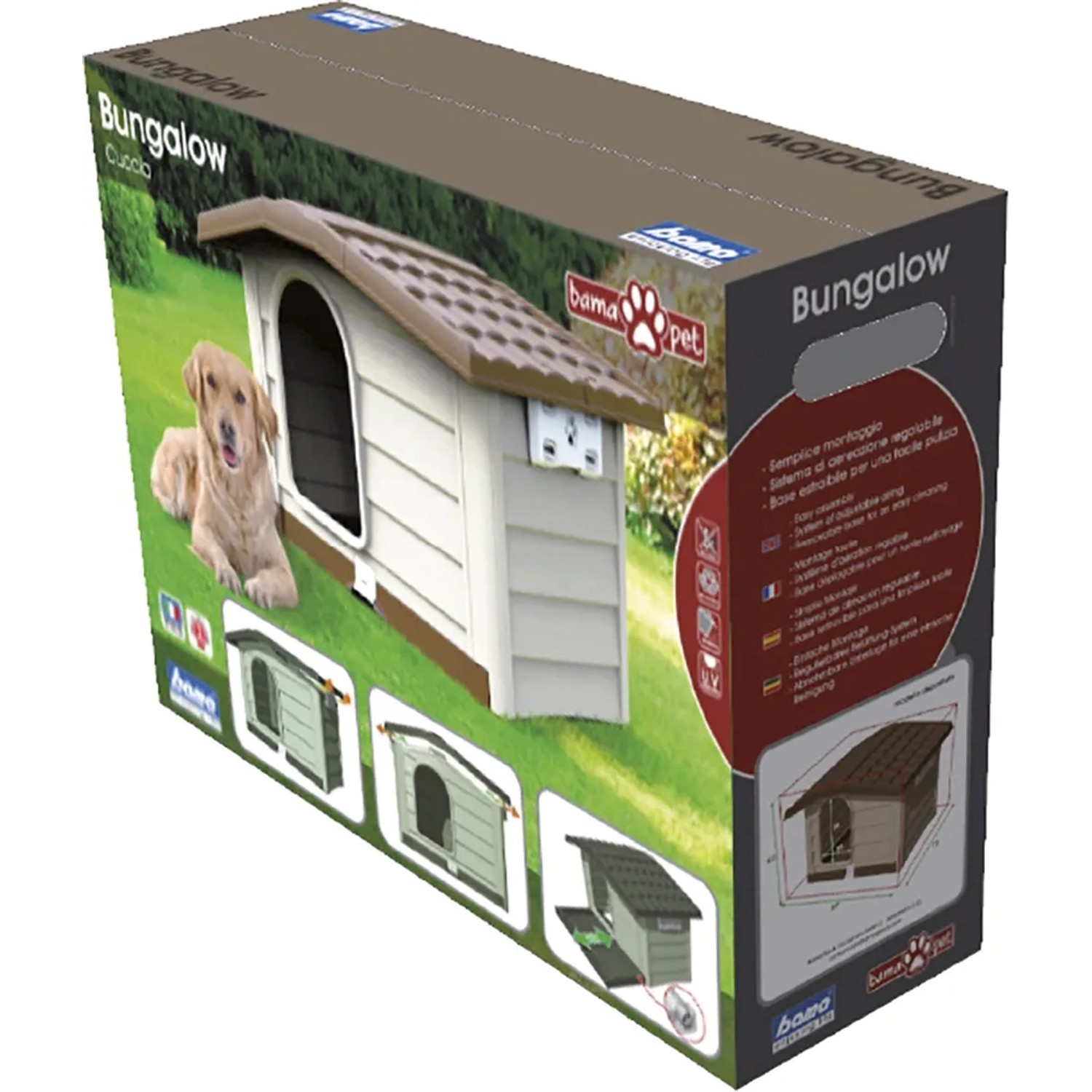 Confezione di una cuccia per cani Bama Pet Bungalow, beige con tetto marrone.