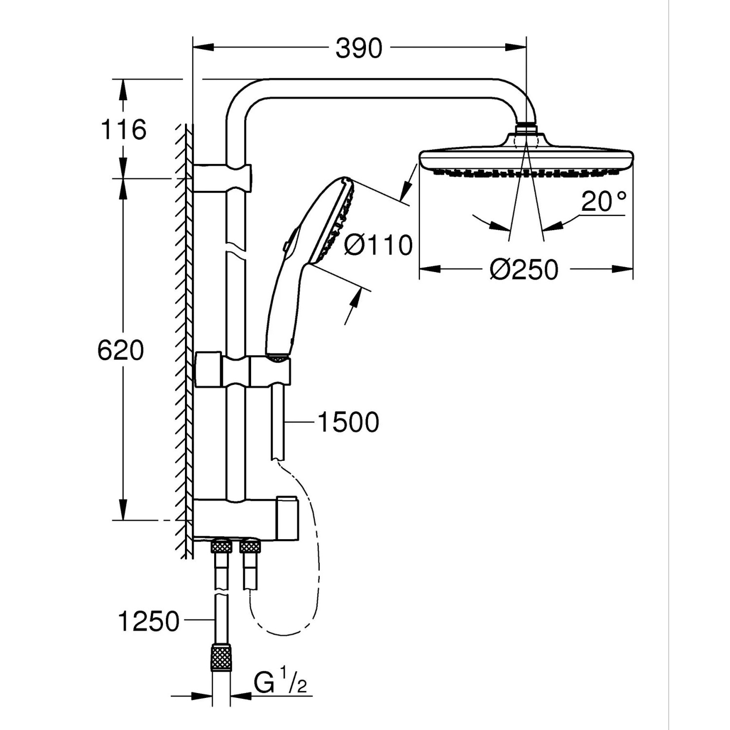 Disegno tecnico: Set doccia Grohe Vitalio Comfort 250 Flex con soffione e doccetta, dimensioni in mm.