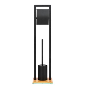 WENKO Set scopino WC Bambusa con scopino e porta rotolo in bambù e acciaio, nero.