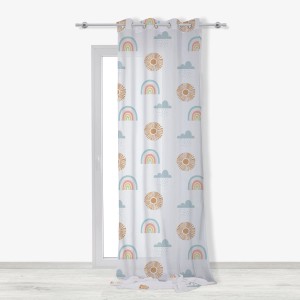 Tenda in tessuto t.b.t. con motivo arcobaleno, sole e nuvole.