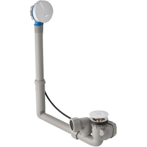 Sifone grigio per lavabo con elementi cromati.