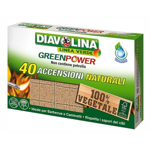 Diavolina Green Power accendifuoco, 40 pezzi, per barbecue e camino. 100% vegetale.