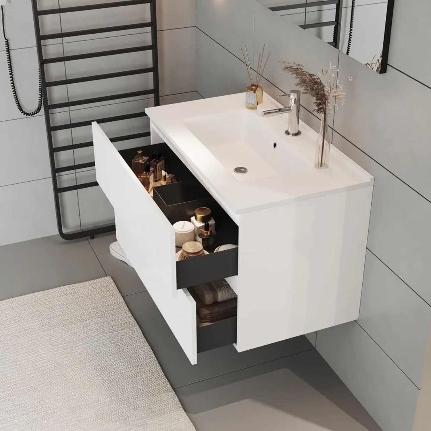 Mobile bagno Cube con lavabo e specchio bianco lucido L81,5xP46,5xH115,4cm_3