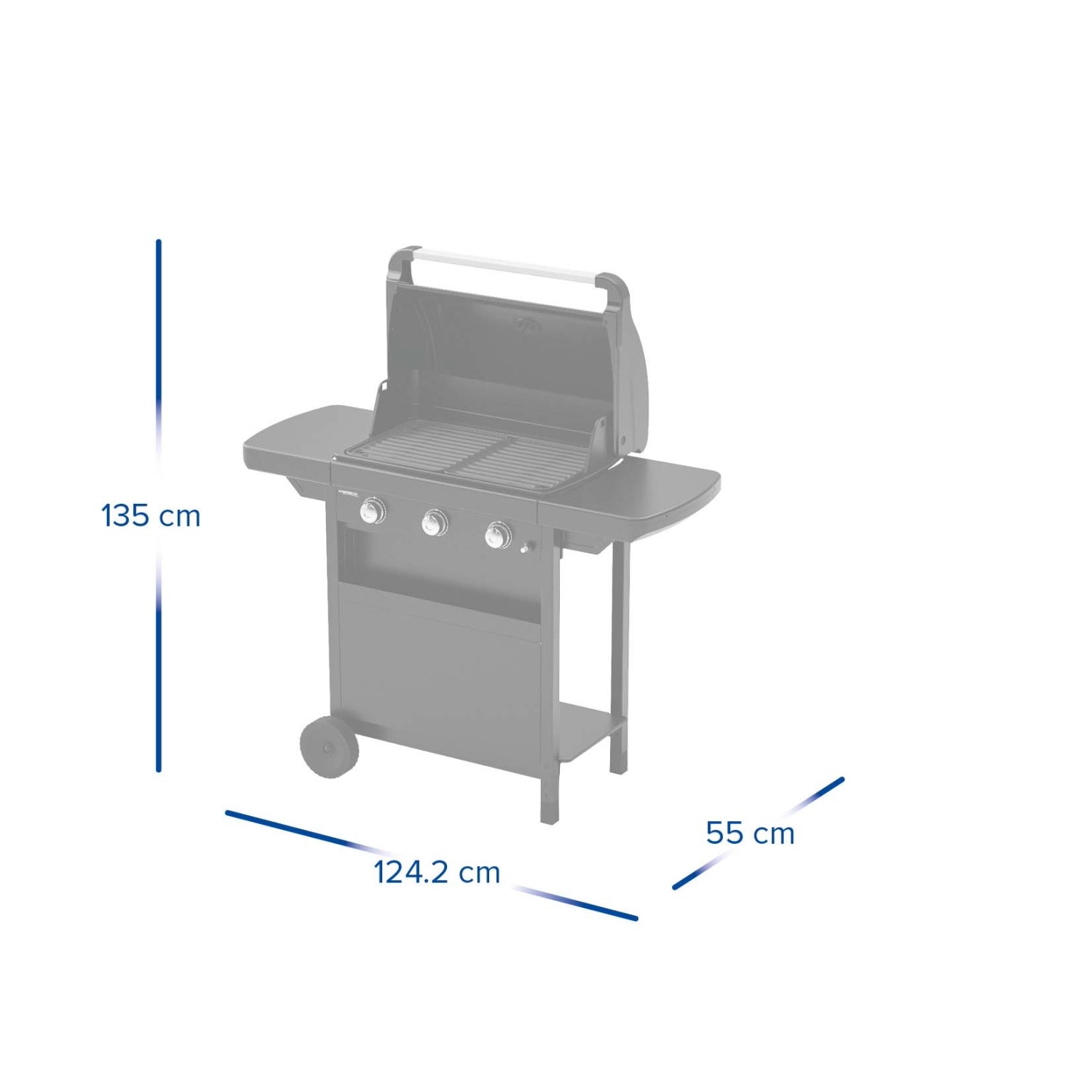 Illustrazione di un barbecue a gas t.b.t. con dimensioni.
