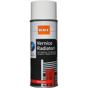 Vernice spray bianca per radiatori OBI, resistente al calore e ad asciugatura rapida.