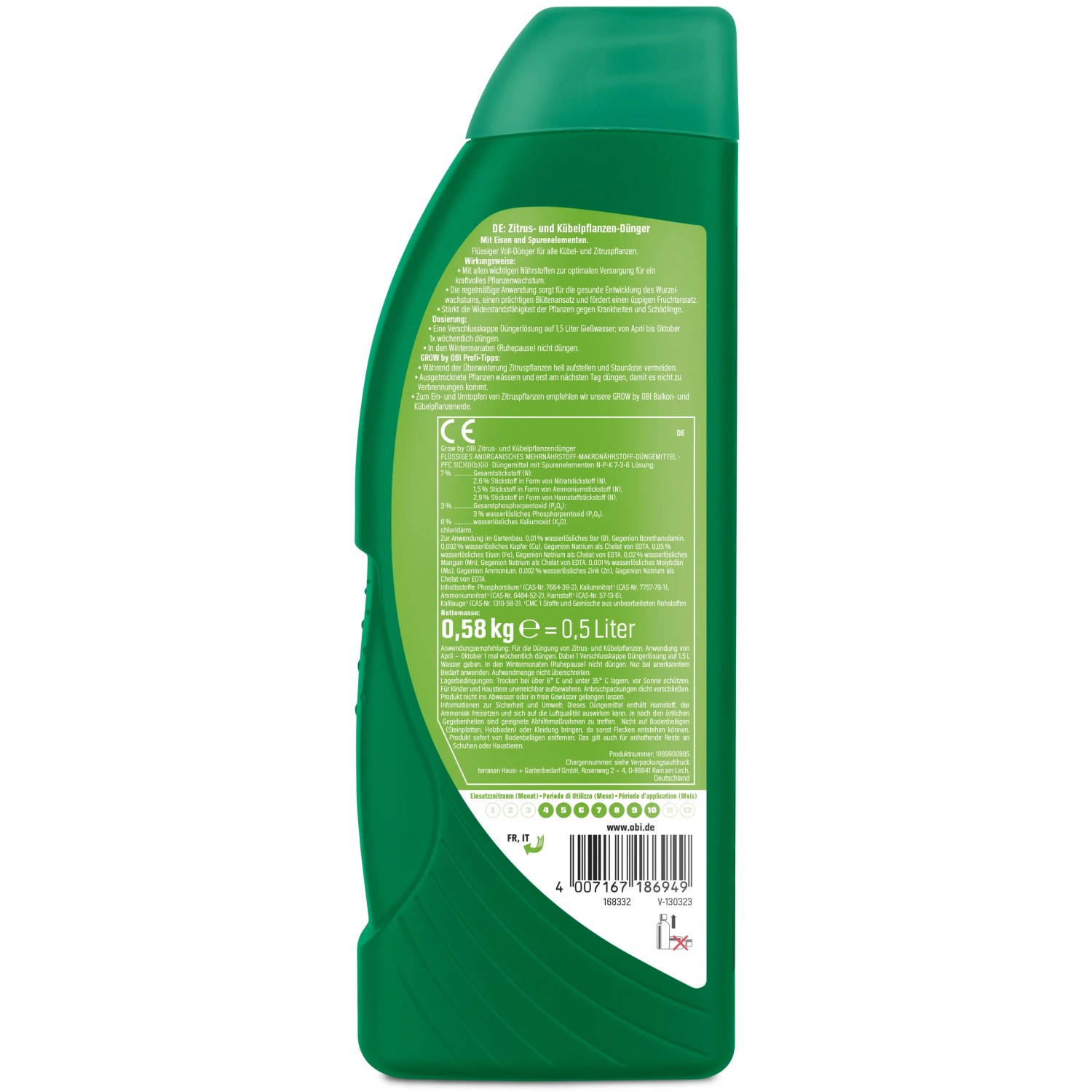 Flacone verde di fertilizzante per agrumi e piante in vaso GROW by OBI, 500ml.