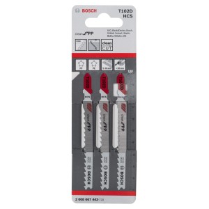 Lame per seghetto alternativo Bosch T102D HCS per tagli puliti in PP e PE.