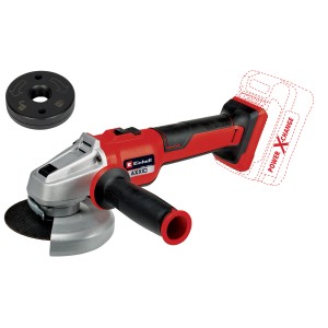 Smerigliatrice angolare a batteria Einhell, rosso-argento con impugnatura nera e accessori.