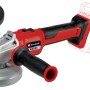 Smerigliatrice angolare a batteria Einhell, rosso-argento con impugnatura nera e accessori.