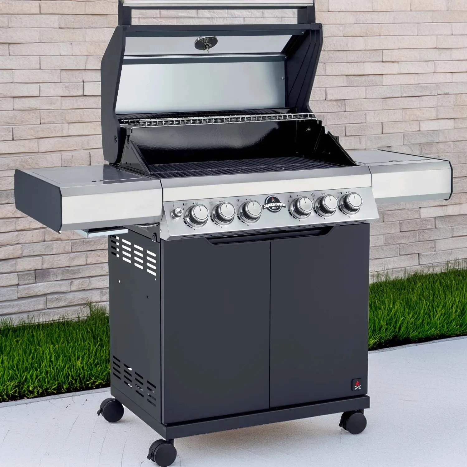 Barbecue a gas t.b.t. con ripiani laterali e mobiletto.