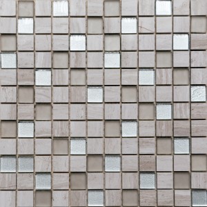 Piastrella mosaico beige e argento con disposizione quadrata.