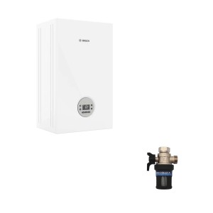 Caldaia a condensazione a gas Bosch bianca con accessori per riscaldamento e acqua calda.