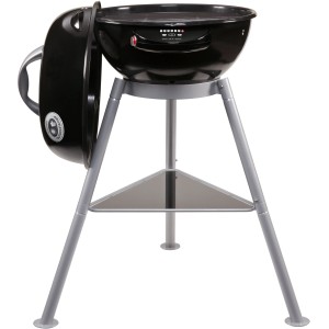 Outdoorchef Chelsea 420 E, barbecue elettrico nero sferico con coperchio e gambe.