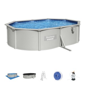 Piscina Bestway Hydrium, piscina con pareti in acciaio, rivestimento interno blu e accessori.