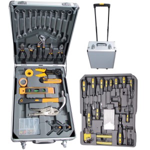 Valigetta porta attrezzi t.b.t. con utensili, mostrata aperta e chiusa.