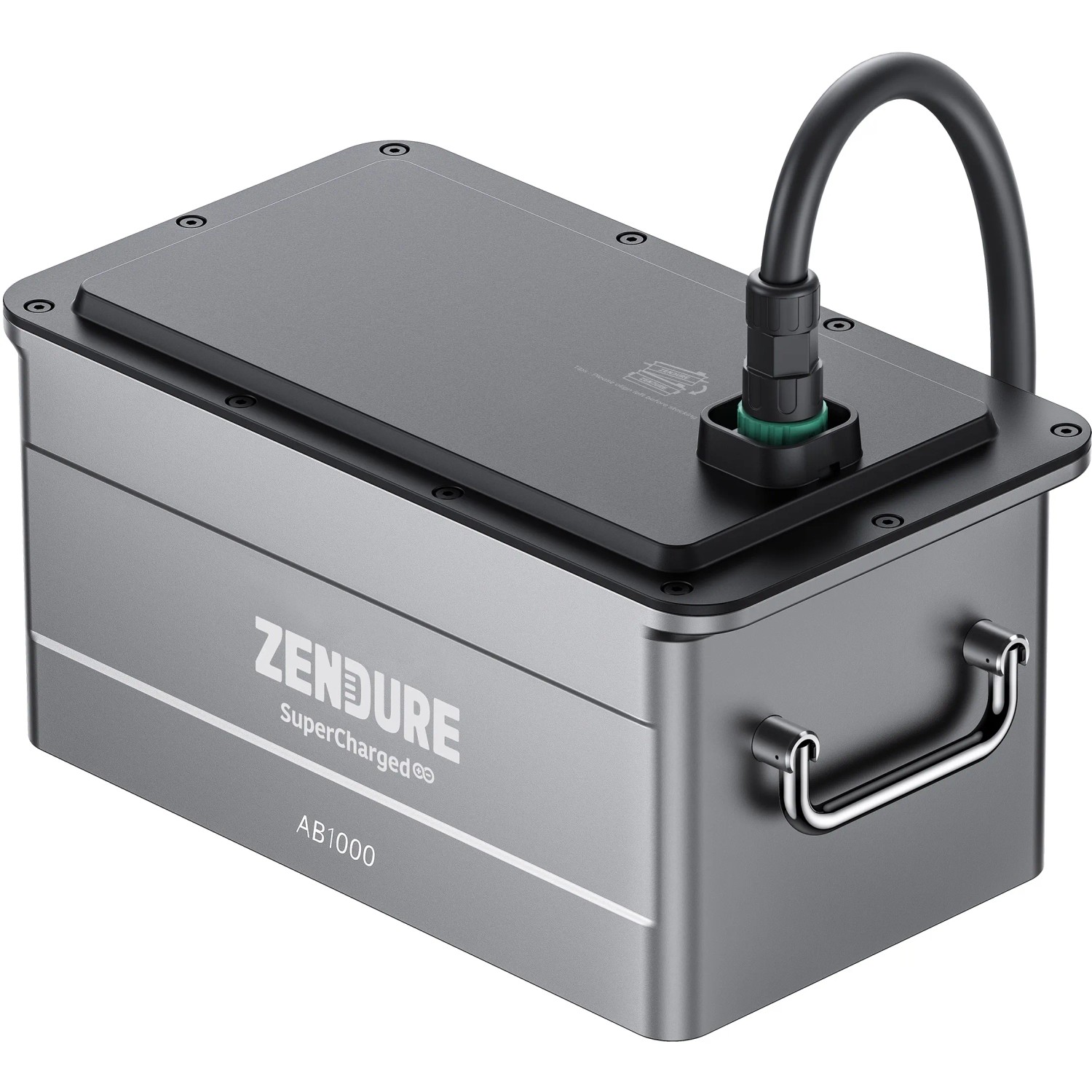 Batteria Zendure SolarFlow AB1000 (960 Wh) per impianti fotovoltaici da balcone, custodia grigia con maniglia e cavo.