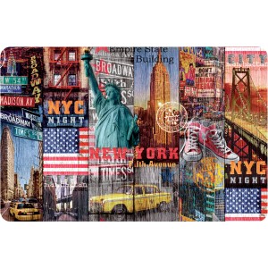 Tovaglia con motivi di New York: Statua della Libertà, Empire State Building, taxi e scarpe da ginnastica.