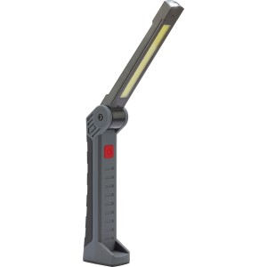 Lampada da lavoro a LED pieghevole nera e grigia, ricaricabile, 300 lumen, ideale per officina e cantiere.
