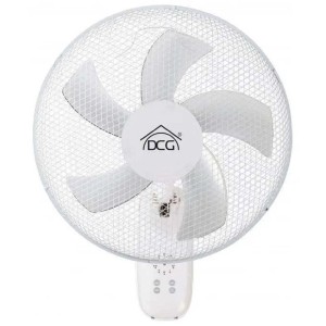 Ventilatore da parete DCG bianco con griglia di protezione e pannello di controllo.