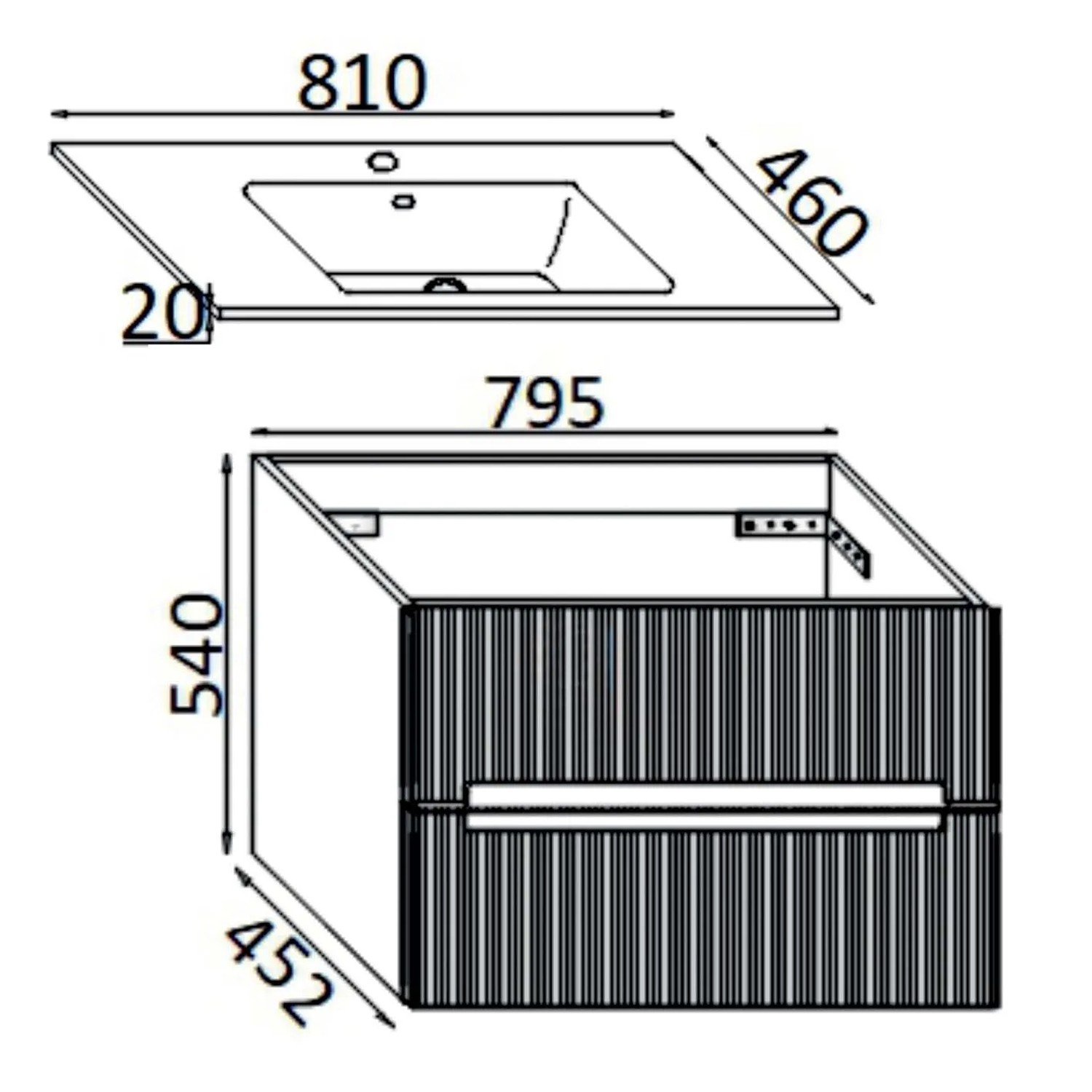 Schizzo di un mobile lavabo con dimensioni per l'arredo bagno.