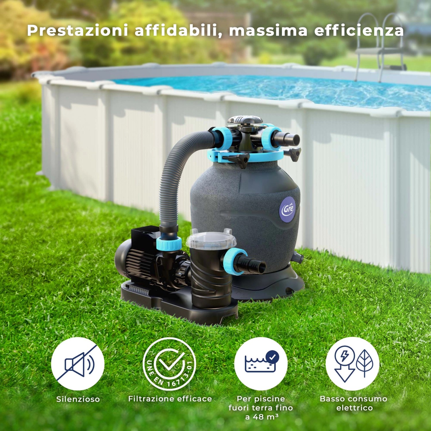 Sistema di filtraggio a sabbia Gre Ø 400 mm, monoblocco nero per piscine fuori terra in giardino.