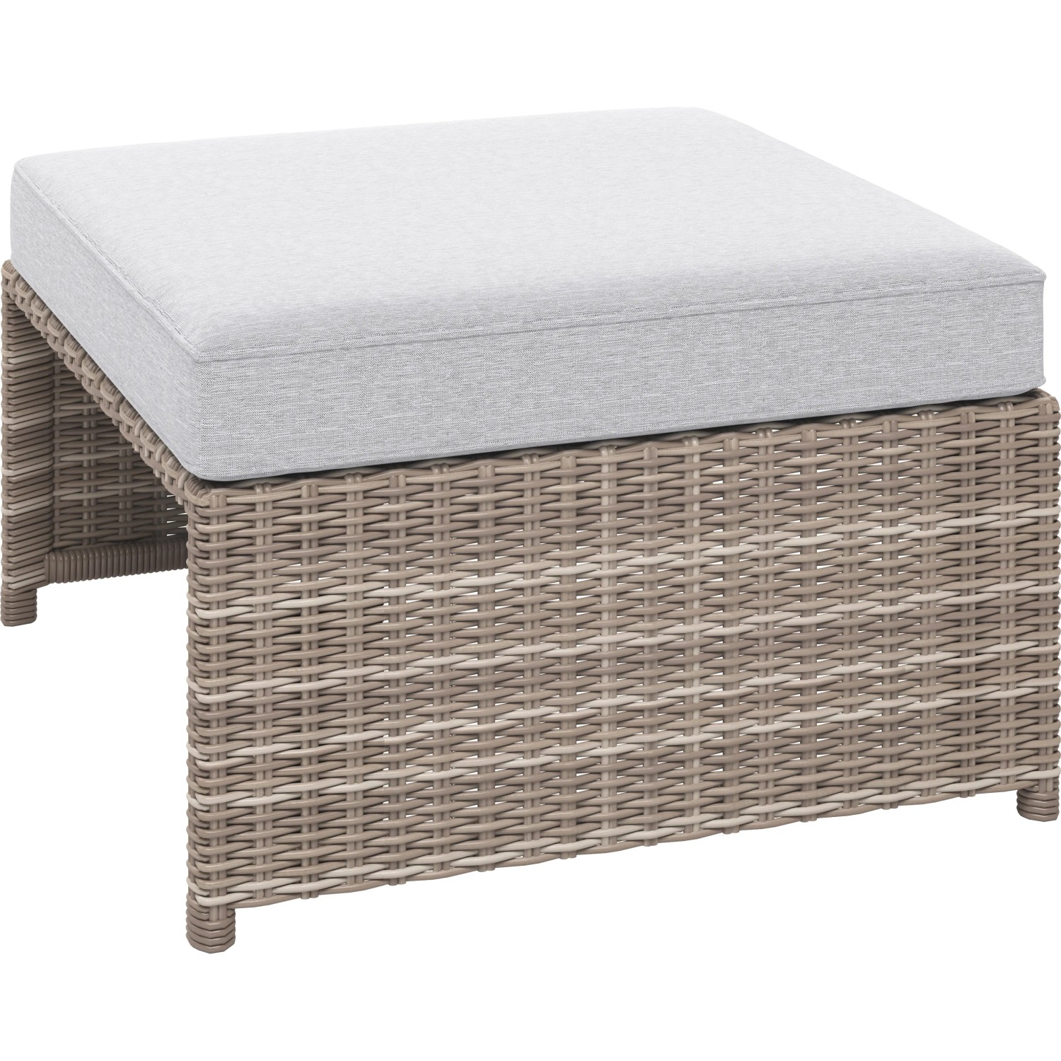Sgabello in polyrattan, parte del set lounge Olea Compact, con cuscino grigio chiaro.
