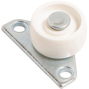 Rotella laterale Ø 30 mm con alloggiamento in lamiera d'acciaio zincata e ruota in plastica bianca.