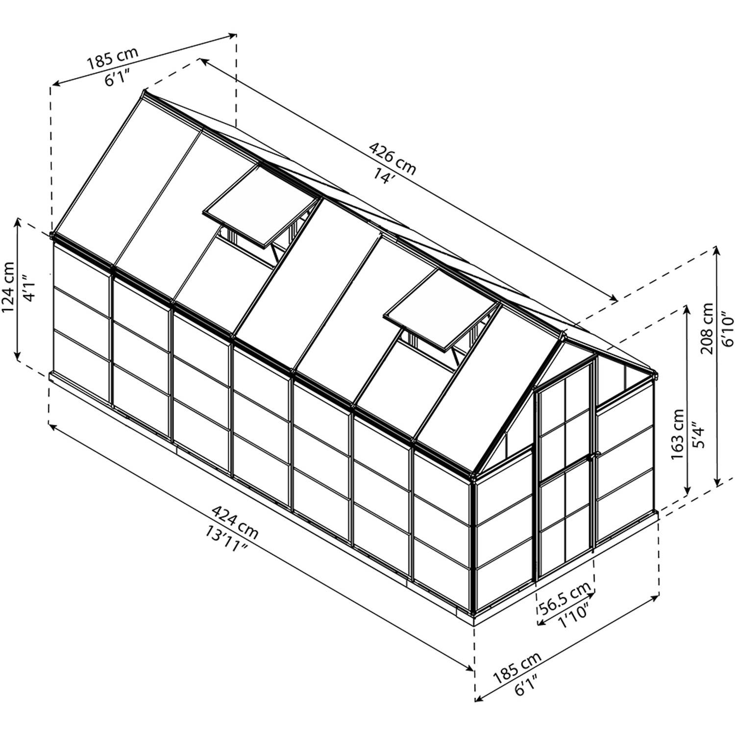 Schema della serra Palram Canopia Hybrid 4.3 x 1.9 in argento con dimensioni.