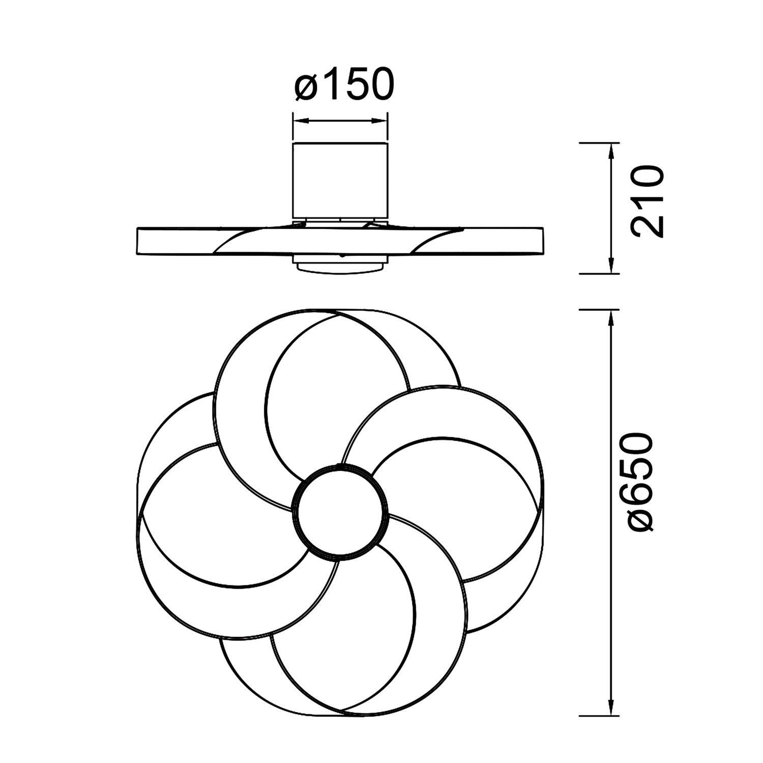 Disegno tecnico di un ventilatore con dimensioni.