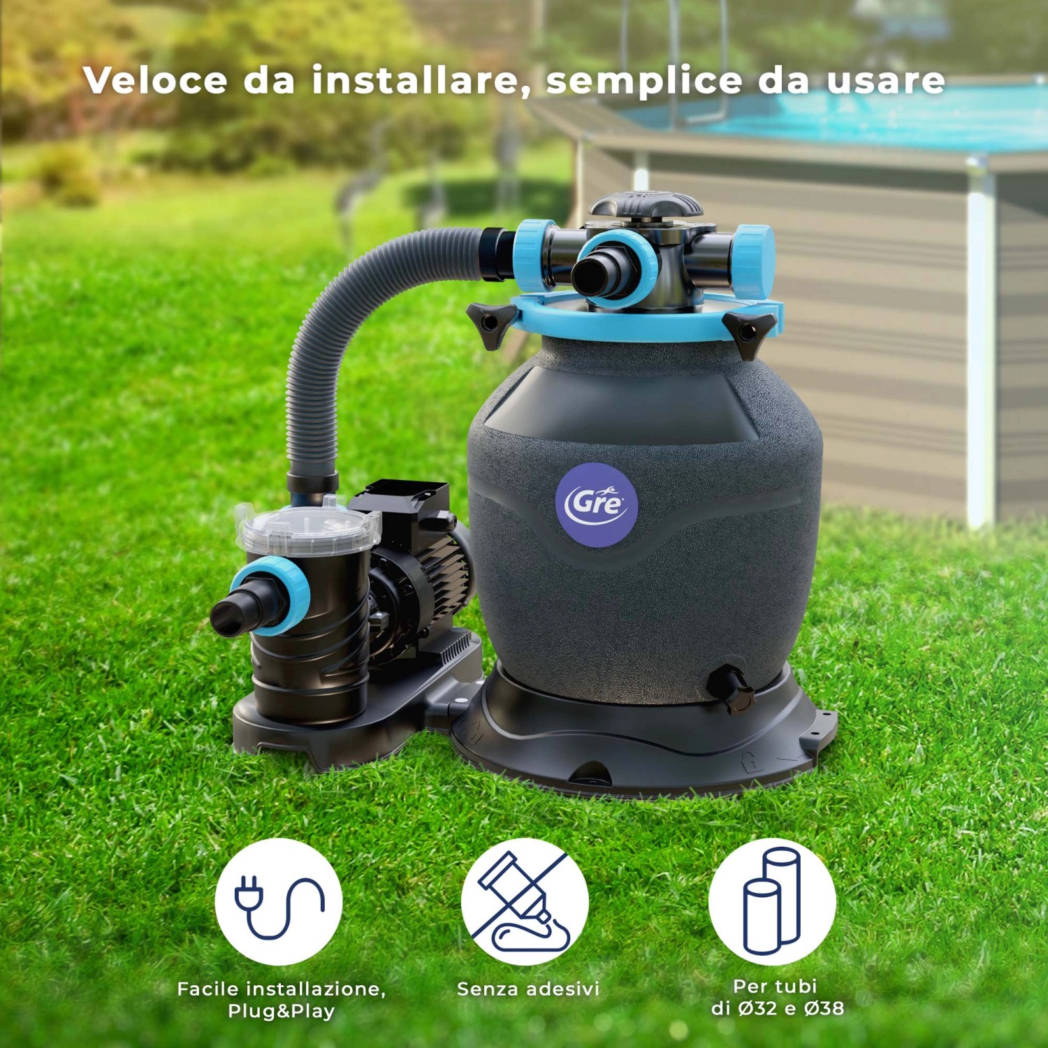 Sistema di filtraggio a sabbia Gre Ø 400 mm, monoblocco nero per piscine fuori terra.